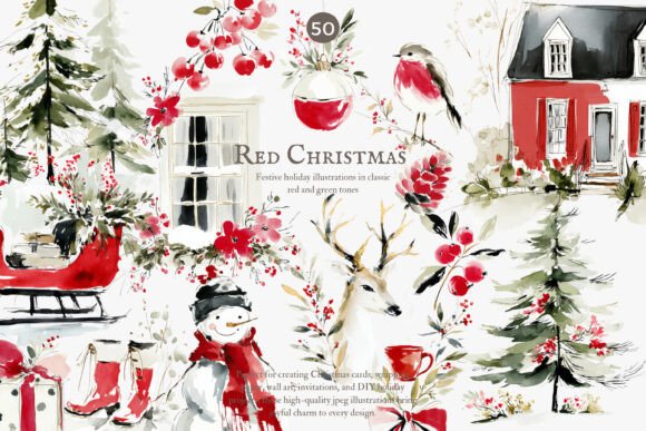 Festive Red Christmas Watercolor Clipart & Illustrations