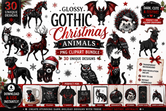 Glossy Gothic Christmas Animals Clipart & Illustrations