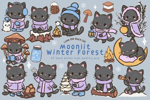 Kawaii Black Cat Christmas Winter Forest Illustrations