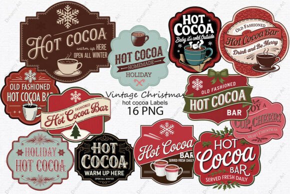 Vintage Christmas Hot Cocoa Labels: Festive Illustrations