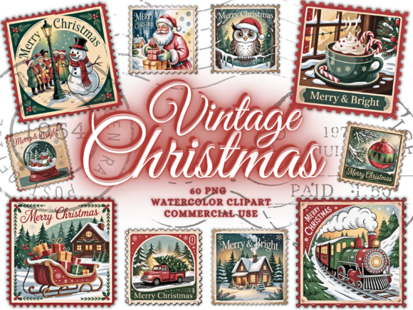 Vintage Christmas Png Bundle Stamps: Editorial Illustrations