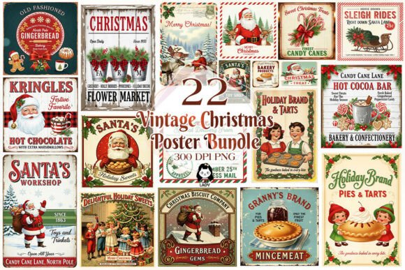 Vintage Christmas Poster Quotes Bundle: Illustrations