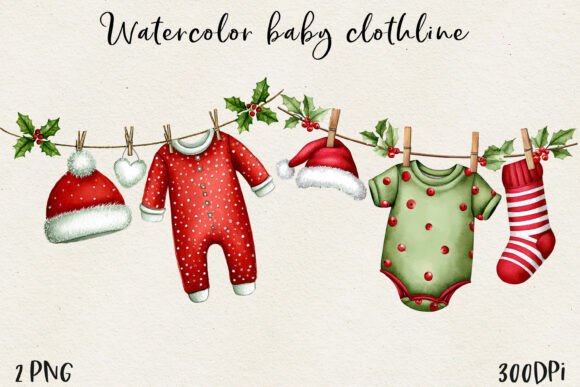 Watercolor Christmas Baby Clothesline Illustrations