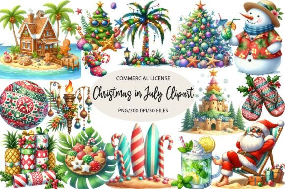 Watercolor Christmas in July Clipart Illustrations