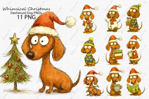 Whimsical Christmas Dachshund Dog PNGs: Festive Illustrations